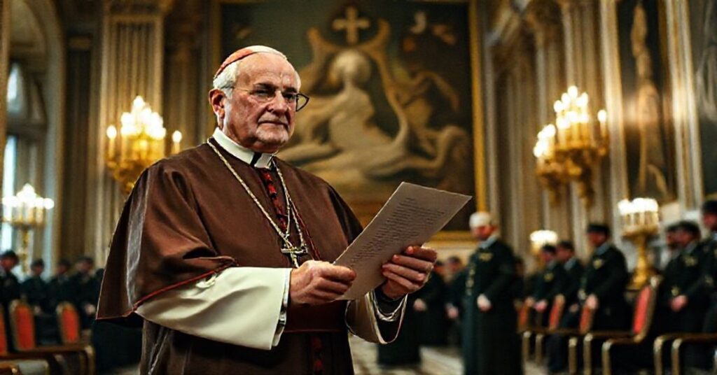 Cardinal Joseph Pizzardo receiving a letter from John XXIII in a Vatican hall, symbolizing the bureaucratic and doctrinal complacency leading to Modernist crisis.