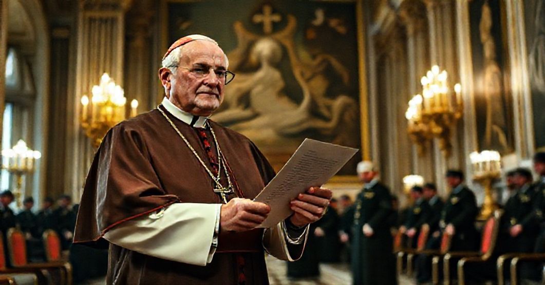 Cardinal Joseph Pizzardo receiving a letter from John XXIII in a Vatican hall, symbolizing the bureaucratic and doctrinal complacency leading to Modernist crisis.