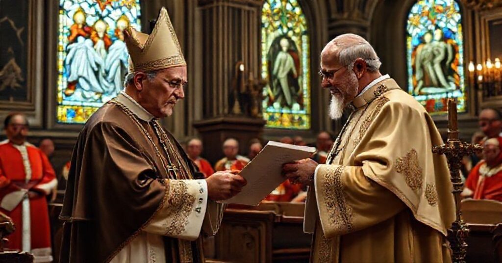 Cardinal Ernesto Ruffini receiving a papal letter from Ioannes XXIII in a traditional Catholic basilica setting.