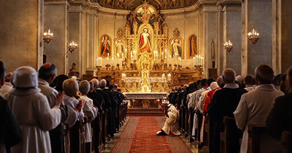 Cardinal Ernesto Ruffini at a solemn jubilee Mass in a traditional Italian basilica, highlighting the contrast between reverent tradition and the erosion of integral Catholic doctrine.