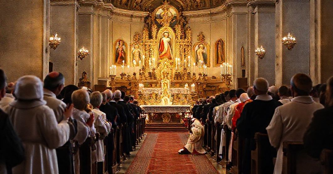 Cardinal Ernesto Ruffini at a solemn jubilee Mass in a traditional Italian basilica, highlighting the contrast between reverent tradition and the erosion of integral Catholic doctrine.