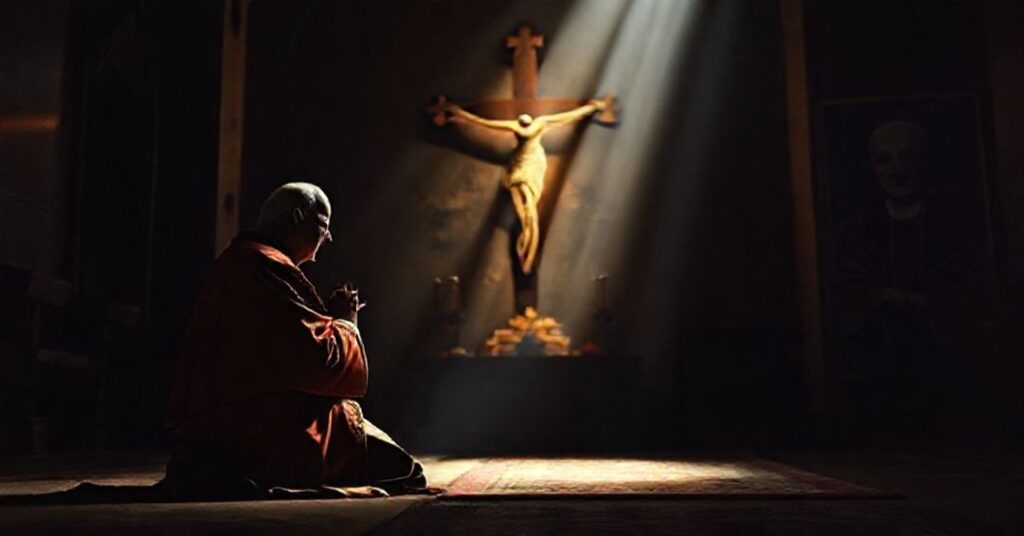 Cardinal Aloysius Stepinac kneeling in prayer in a dimly lit Catholic chapel with a crucifix illuminated behind him.