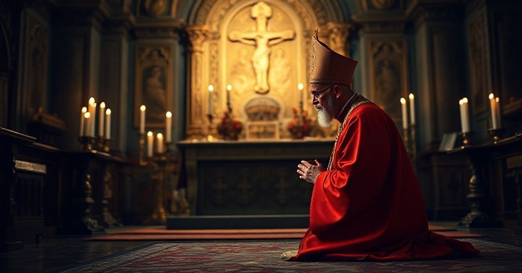 Cardinal Ignatius Gabriel Tappouni kneeling in prayer before an ancient Catholic altar in a dimly lit Eastern Catholic church.