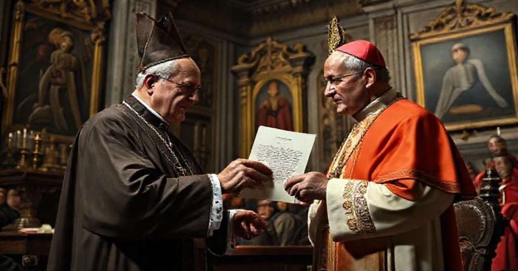 Venerable Cardinal Eugenio Tisserant receiving a congratulatory letter from John XXIII in a Vatican hall, symbolizing the shift in the Church's focus from divine authority to worldly honors.