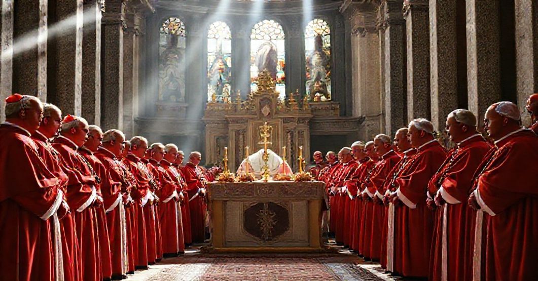 The Desacralization of the Episcopate: Cardinals in 1962 A gathering of Cardinals in Vatican City, reflecting the solemn atmosphere of a traditional Catholic liturgy before the conciliar revolution.