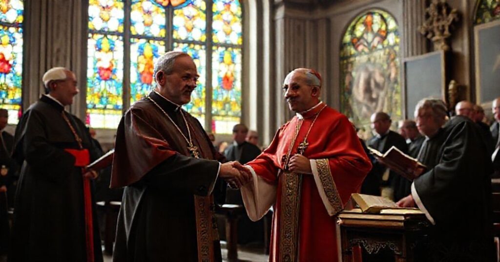 Portrait of Cardinals John XXIII and Cicognani in a traditional Vatican setting, reflecting the tensions of faith and bureaucracy during the Second Vatican Council.