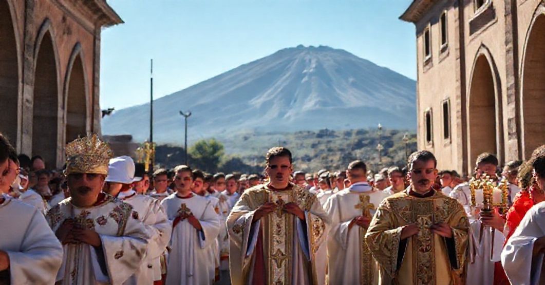 A solemn Eucharistic procession in Catana, Italy, under the shadow of Mount Etna, reflecting traditional Catholic devotion and reverence.