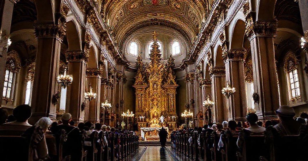 Catedral de Ayacucho - Minor Basilica Elevation Interior view of the baroque cathedral of Ayacucho in Peru, elevated to a minor basilica, showcasing its sacred ornaments and traditional Catholic heritage.