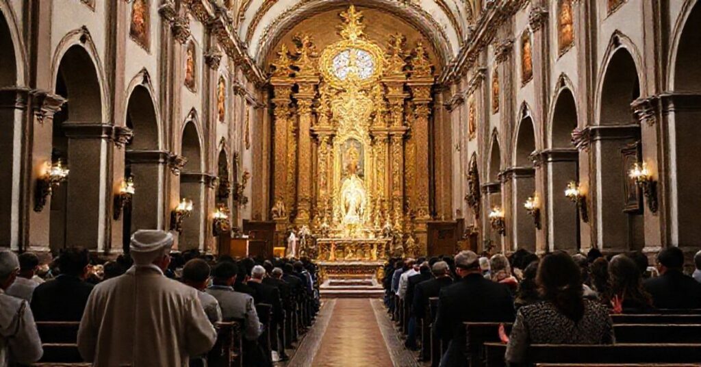 A solemn interior of the 17th-century cathedral of Ayacucho, Peru, elevated to a minor basilica by John XXIII in 1960. The baroque architecture features rich ornaments and sacred art.