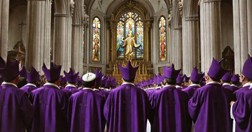A solemn cathedral chapter in Culiacán, Mexico, 1959, featuring canons in traditional violet vestments during a liturgical ceremony.