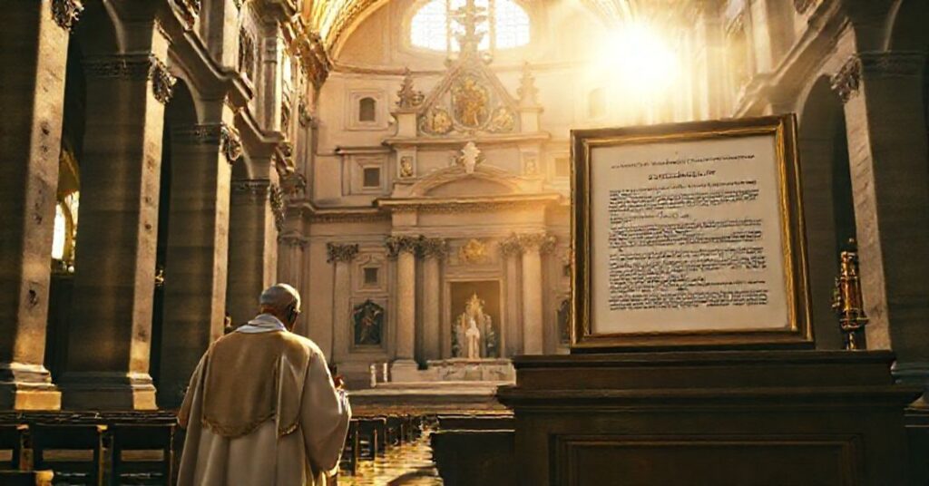 A reverent image of the Cathedral of Cesena, Italy, with a priest praying at the baptismal font of Pius VI and Pius VII. A copy of the Merito praedicatur document is displayed on a wooden lectern.