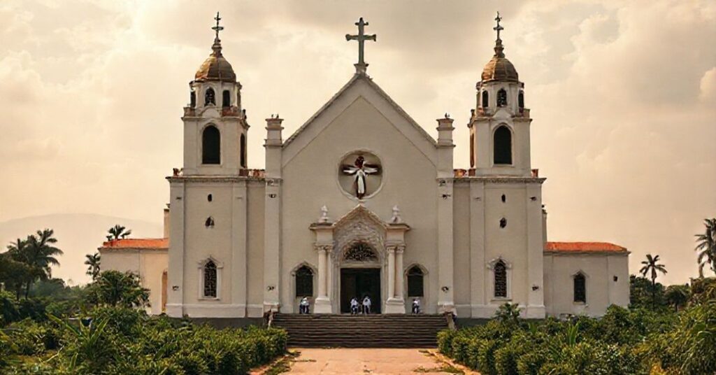 A solemn image of the Cathedral of the Immaculate Heart of Mary in Nzerkoré, Guinea, under the guidance of the Missionaries of Africa (White Fathers), symbolizing the structural promotion of the diocese in 1959 by John XXIII.