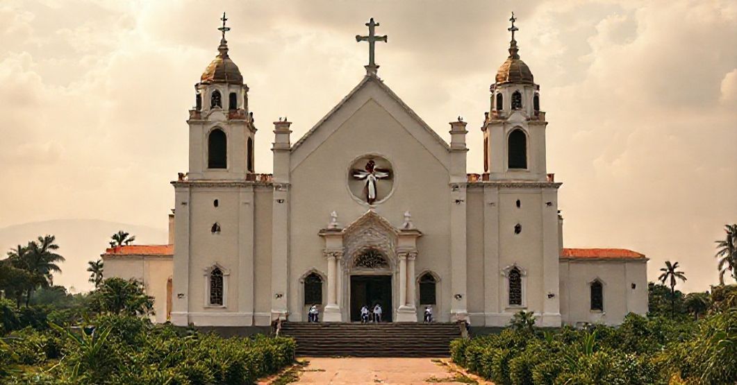 A solemn image of the Cathedral of the Immaculate Heart of Mary in Nzerkoré, Guinea, under the guidance of the Missionaries of Africa (White Fathers), symbolizing the structural promotion of the diocese in 1959 by John XXIII.