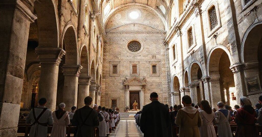 Photorealistic image of the historic Cathedral of Trani, a Minor Basilica, showcasing its ancient architecture and Marian dedication.