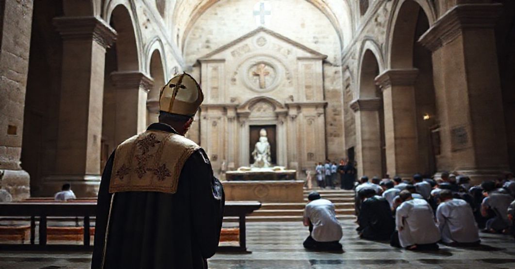 A reverent image of the Cathedral of Trani, a minor basilica, with its Romanesque-Apulian architecture and the tomb of Saint Nicholas the Pilgrim. A sedevacantist Catholic priest prays before the tomb while devout Catholics kneel in prayer.
