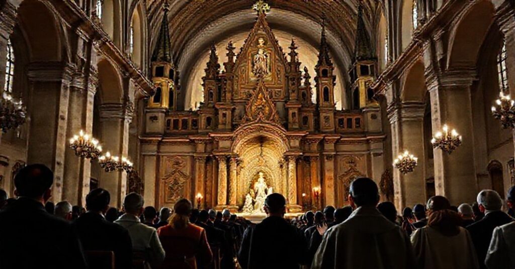 A solemn depiction of the Cathedral of the Nativity of the Blessed Virgin Mary in Sandomierz, reflecting historic Catholic piety and tradition.
