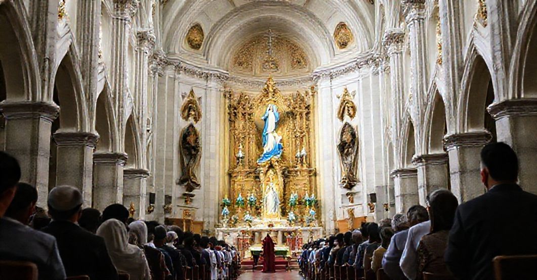 Traditional Catholic Basilica of Our Lady of Lourdes in Rio de Janeiro A solemn Catholic scene depicting a traditional basilica in Rio de Janeiro dedicated to Our Lady of Lourdes, with faithful pilgrims gathered in prayer.