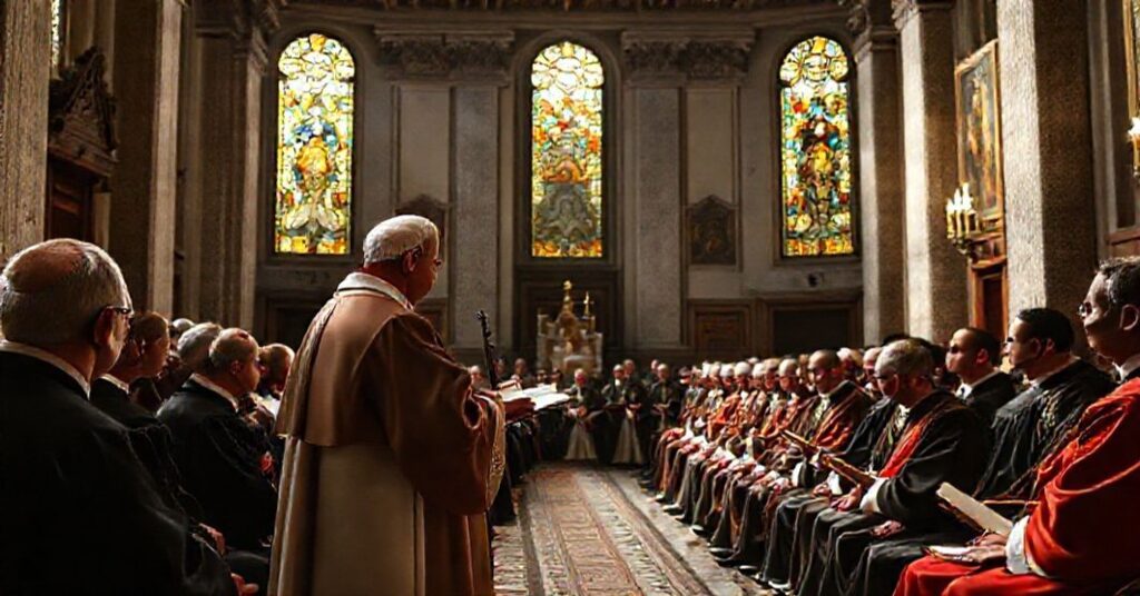 A Catholic bishop addressing an assembly in a Vatican hall with traditional religious symbols and stained glass windows.