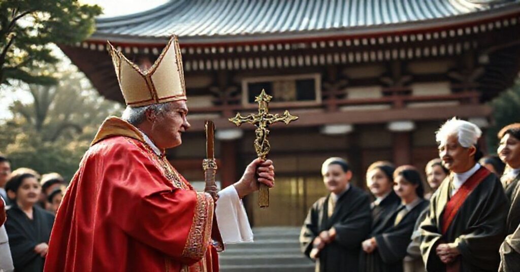 A traditional Catholic bishop addressing Japanese Catholics in front of a Japanese temple, symbolizing the need for conversion and the exclusive truth of the Catholic Faith.