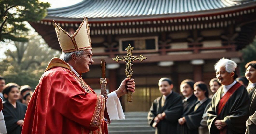 A traditional Catholic bishop addressing Japanese Catholics in front of a Japanese temple, symbolizing the need for conversion and the exclusive truth of the Catholic Faith.