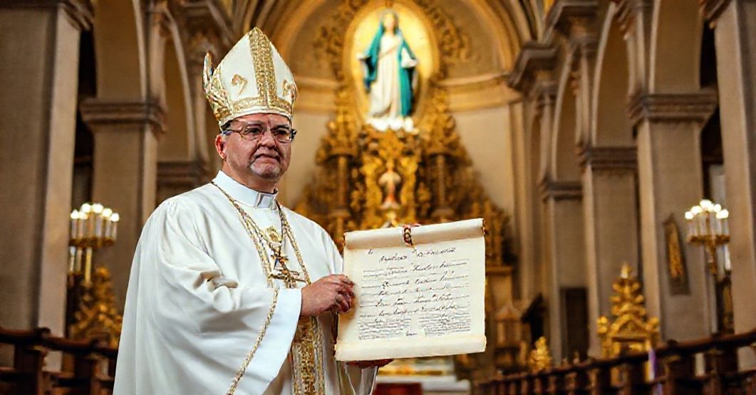 Traditional Catholic bishop in Altagracia Basilica holding 1959 'Sancti Dominici' decree scroll.