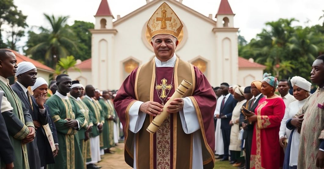 Catholic bishop in Ambatondrazaka, Madagascar, representing the contested Apostolic Constitution with traditional devotion and historical backdrop.