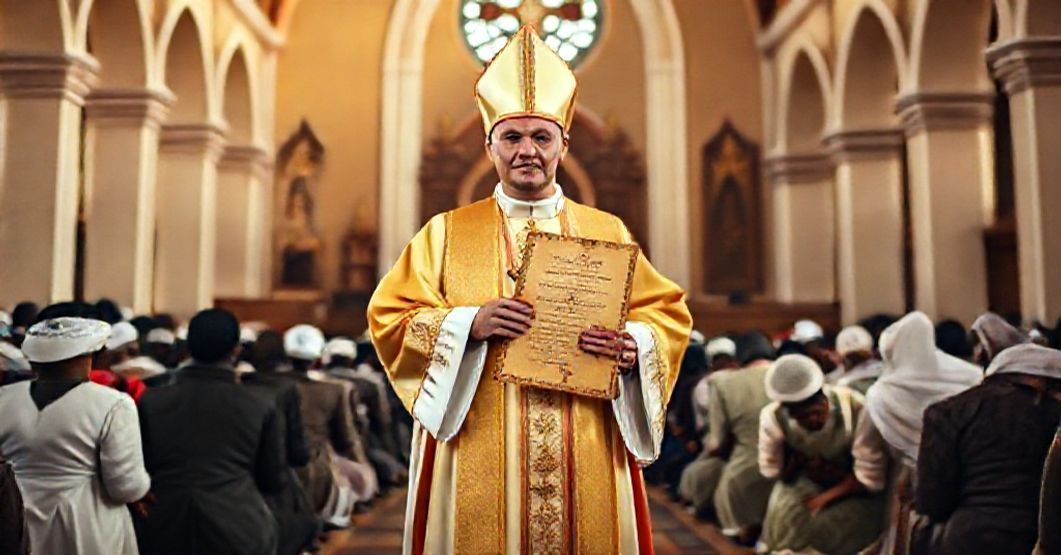 A traditional Catholic bishop in Ambatondrazaka, Madagascar, holding a papal decree from Pope St. Pius XII in front of the Sacred Heart Church.