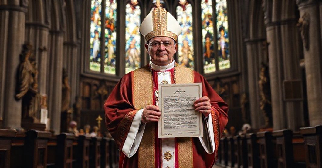A Catholic bishop in full liturgical vestments stands in a historic Scandinavian cathedral holding the 'Apostolici muneris' document, surrounded by traditional Catholic iconography.