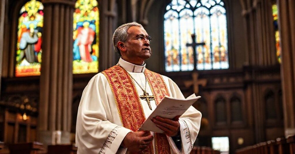 A Catholic bishop in traditional vestments holds a document titled 'Rhodesiae Septemtrionalis et Nyassaland' in a grand cathedral with stained-glass windows depicting Christ the King.
