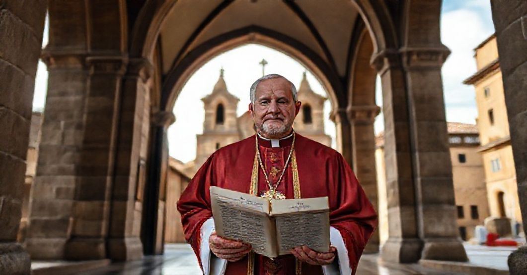 A Catholic bishop in traditional vestments stands solemnly at the entrance of the ancient Marian church 'de la Redonda' in Logroño, Spain, holding an open copy of the apostolic constitution 'Calaguritanae et Calceatensis.'