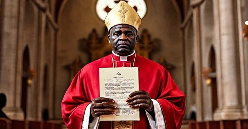 Catholic bishop in traditional vestments holding the Munduensis document before Sacred Heart Cathedral in Moundou, Africa