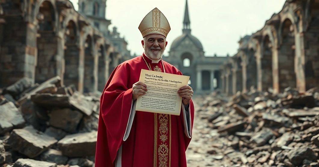 A Catholic bishop in traditional vestments stands in the ruins of Nagasaki's Urakami Cathedral, holding a scroll with Latin text from the 1959 decree 'Qui cotidie moerore', symbolizing the Church's resilience amid persecution.