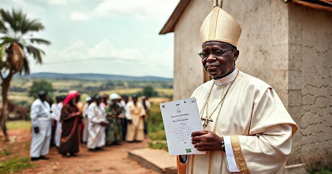 A Catholic bishop in traditional attire holds the 'Oturkpoënsis' document in Oturkpo, Nigeria, with the Spiritans congregation and a modest church in the background.
