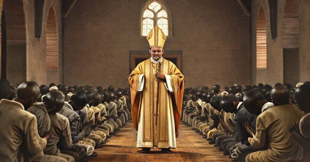 A Catholic bishop in traditional vestments stands before African faithful in a mission church in Rhodesia Septentrionalis or Nyassaland, 1959.