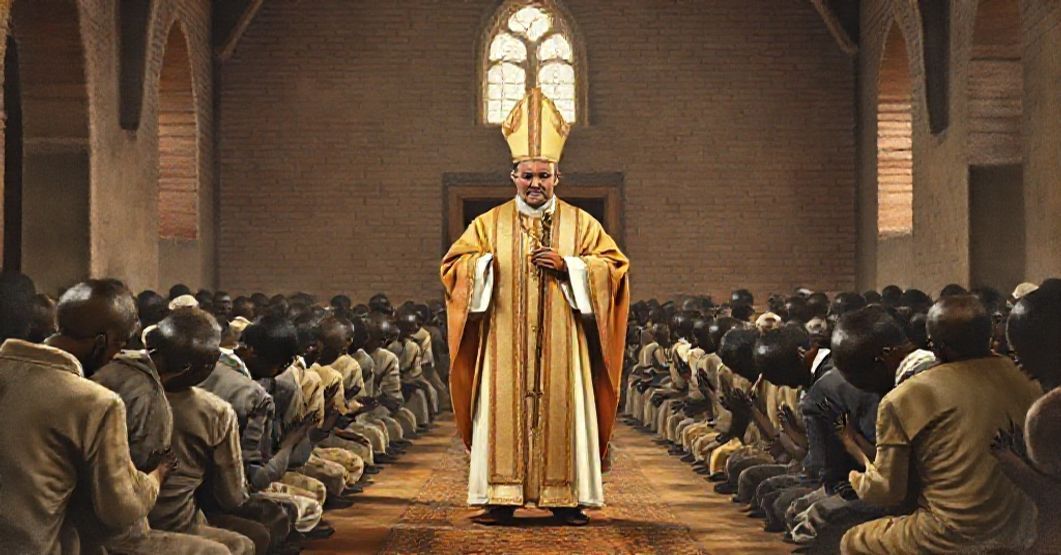 A Catholic bishop in traditional vestments stands before African faithful in a mission church in Rhodesia Septentrionalis or Nyassaland, 1959.