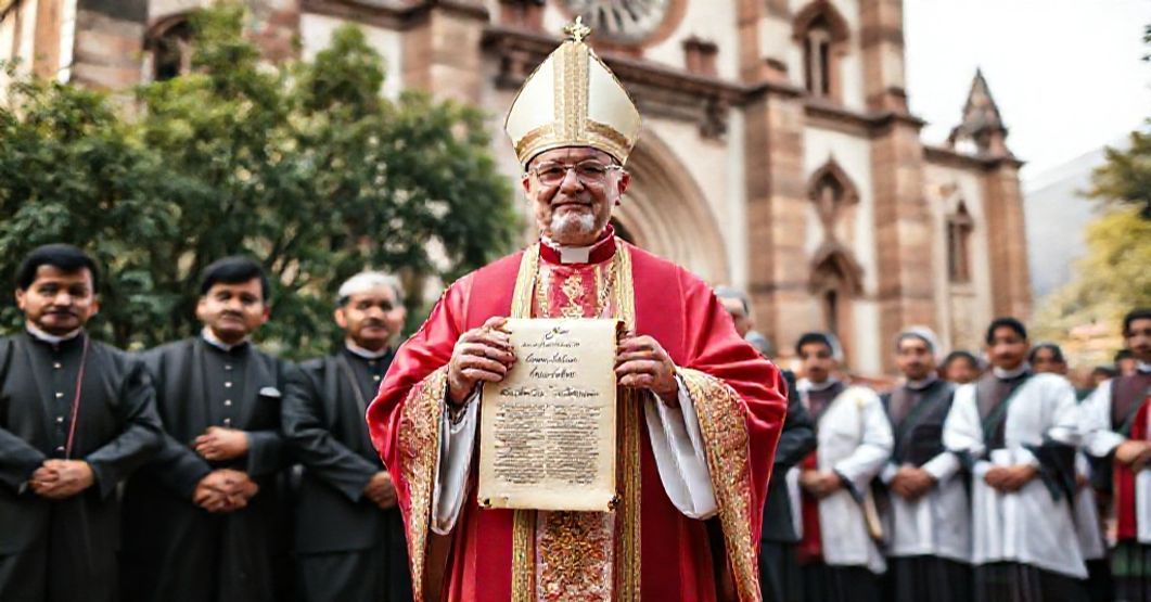 A traditional Catholic bishop in full vestments stands solemnly in front of St. Michael and St. Joseph Cathedral in Simla, India, holding a scroll with the text 'Delhiensis et Simlensis (1959.06.04)'.