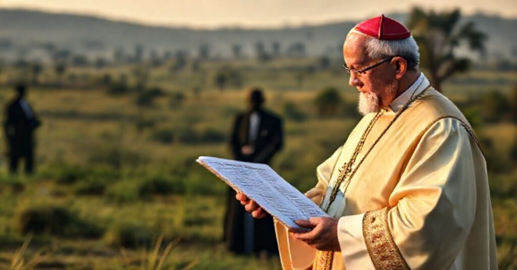 Catholic bishop with papal decree in traditional vestments, gazing at map of Usumbura Apostolic Vicariate.