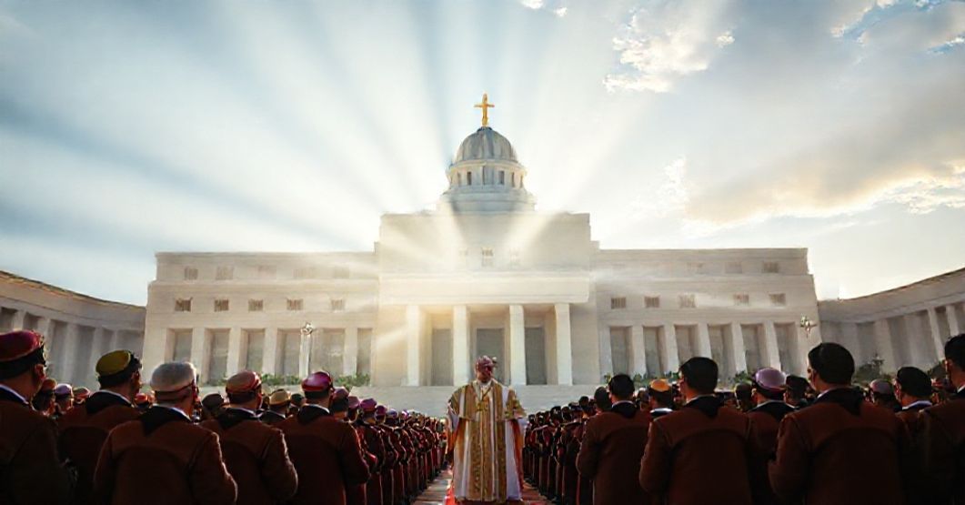 Cardinal Manuel Gonçalves Cerejeira as papal legate during the dedication ceremony of Brasília, surrounded by clerics and laity in a solemn Catholic setting.