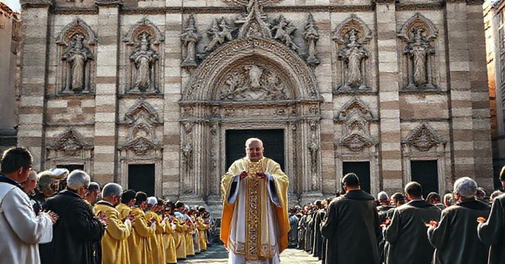A traditional Catholic ceremony outside the Ferrara Cathedral, dedicated to St George, with a bishop holding a decree and faithful kneeling in prayer.