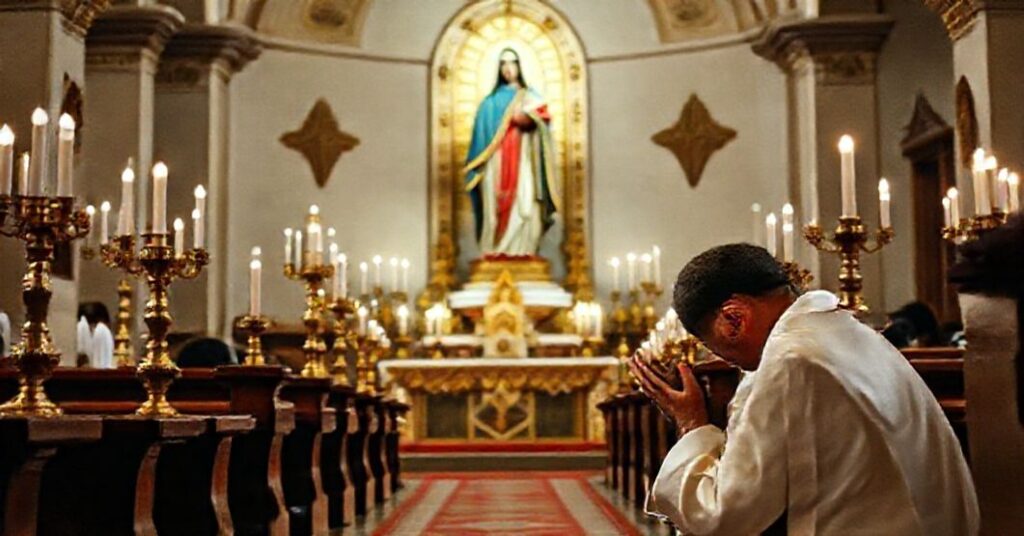 A Catholic priest kneels in prayer before a statue of Saint Joseph in a traditional Venezuelan church, reflecting deep devotion and reverence.