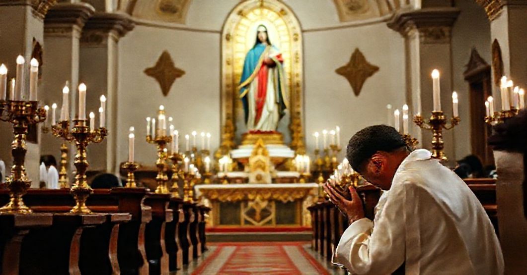 A Catholic priest kneels in prayer before a statue of Saint Joseph in a traditional Venezuelan church, reflecting deep devotion and reverence.