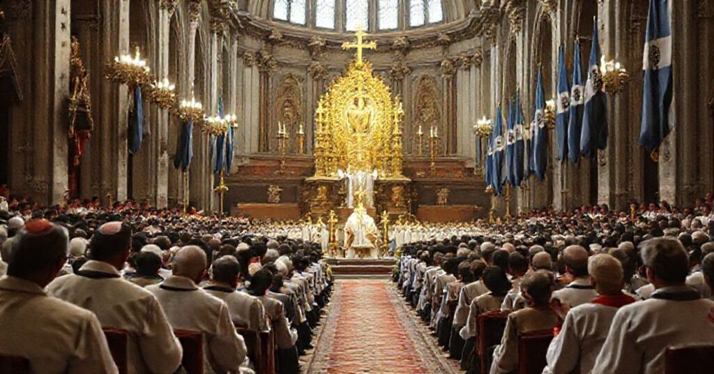 Image of a traditional Catholic Eucharistic Congress in Argentina 1959 with Cardinal Cento presiding, showcasing solemn devotion and reverence for the Eucharist.