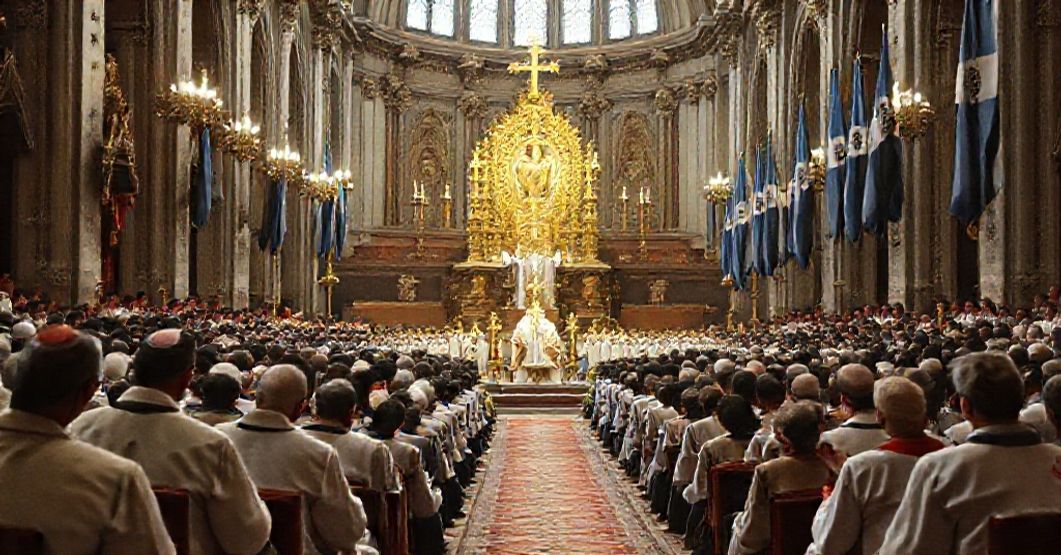 Image of a traditional Catholic Eucharistic Congress in Argentina 1959 with Cardinal Cento presiding, showcasing solemn devotion and reverence for the Eucharist.