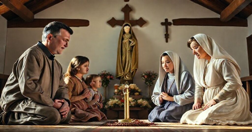 A traditional Catholic family kneeling in prayer before a statue of Our Lady of the Rosary, symbolizing devotion and the importance of Marian intercession.