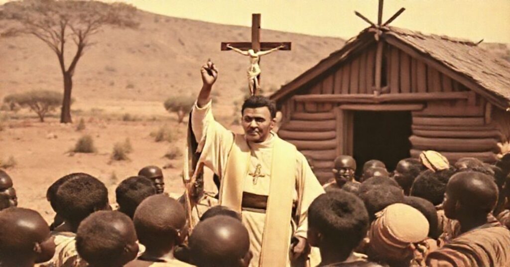 A solemn Catholic missionary scene in Bechuanaland with a Passionist priest and native converts under a crucifix.