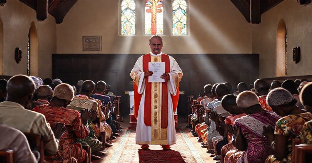 A Catholic priest in traditional vestments stands in a mission church in Bossangoa, Africa, with African faithful kneeling in prayer, reflecting the solemnity of the 1959 Constitution Apostolica Bossangoaënsis.