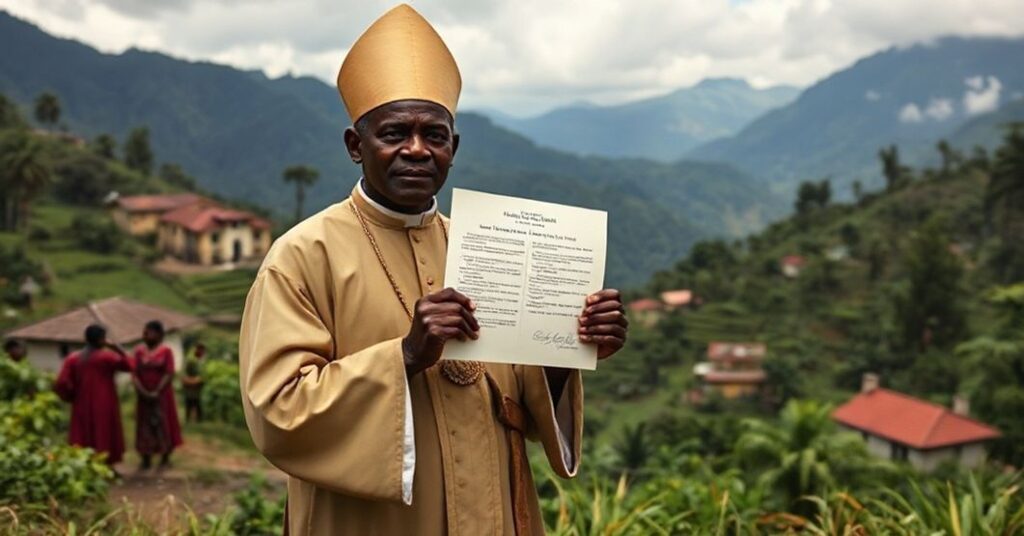 Traditional Catholic priest holding decree in Ruanda-Urundi highlands, symbolizing doctrinal tension between authentic mission and conciliar revolution.