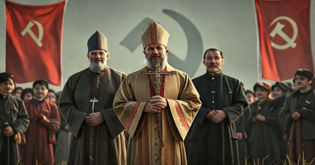A reverent depiction of Catholic missionaries in traditional attire standing in a Chinese mission field with local converts, symbolizing faith and sacrifice amidst persecution.