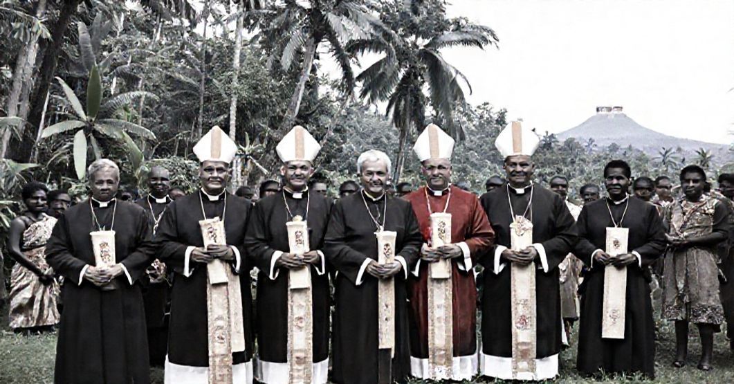 Catholic missionaries in Papua New Guinea, 1959, issuing the Portus Alexii et Vevakensis decree amidst jungle and native tribespeople.