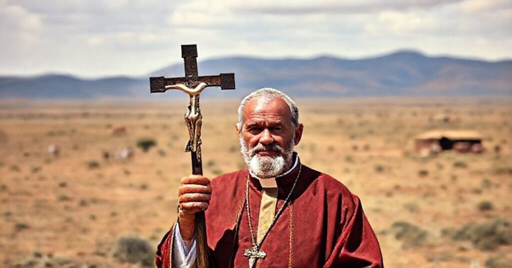 A Catholic missionary in Passionist habit stands in Bechuanaland with a crucifix, symbolizing the true faith amid pagan and heretical lands.